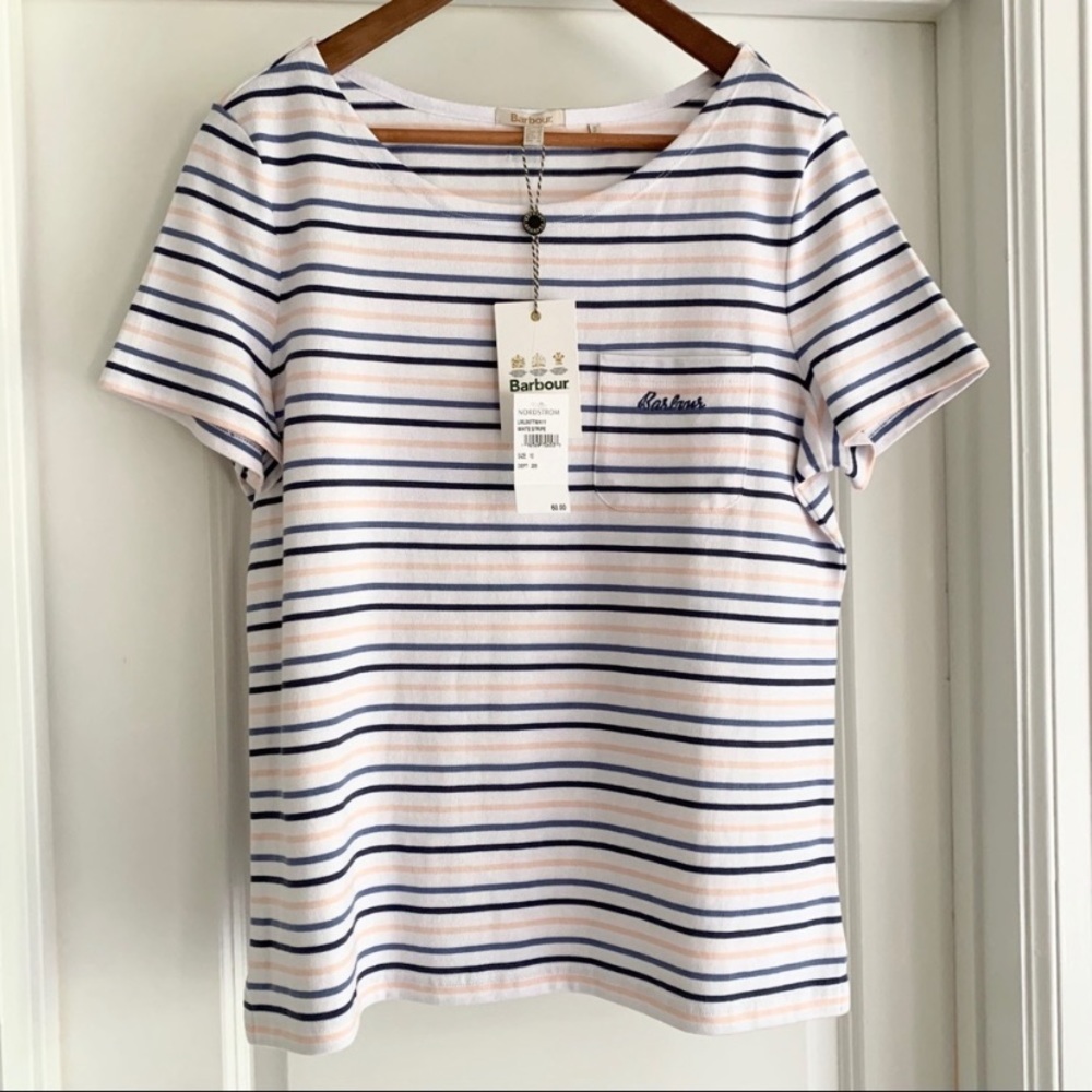 Barbour white striped Hawkins short sleeve 100% cotton t shirt size 10
